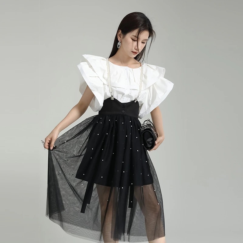 【J.Fashion】 飾りス今週の割引は 25% オフですカート 裏地無し キャミスカート サロペット風スカート メッシュスカート ハイウエスト ドッキングスカート 関連商品は店で購入可能 メガ割