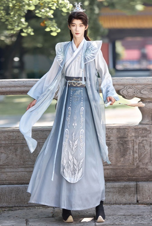 品質良い!店舗お勧め!メンズ 漢服 羽織付き 3点セット 華やか チャイナ服 白＋青 グラデーション 鶴 タンチョウ おしゃれ 中国古代 王子様 コスプレ衣装 中華古代時代劇 神様 全身コスチューム