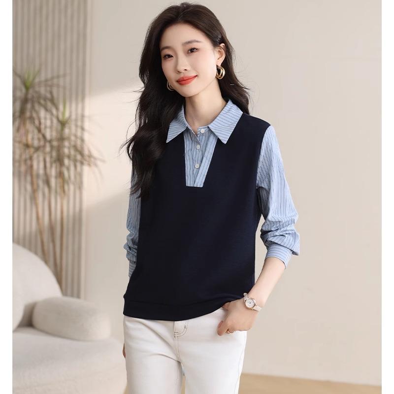 シャツ ブラウス ニットシャツ ストライプシャツ 長袖 秋冬 フェミニン エレガント 上品 アーバン ノーブル オフィス ビジネス 学校行事 万能コーデ レディース マザー 婦人服