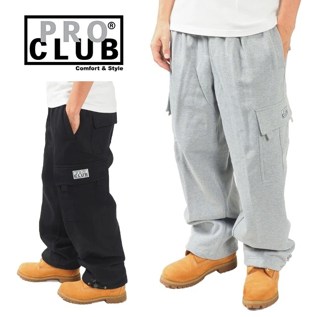 PRO CLUB プロクラブ カーゴ スウェットパンツ ヘビー ウェイト バギー ワイド 裏起毛 ボトムス ドローコード付き グレー ブラック 黒 BLACK GRAY HEAVY CARGO PAN