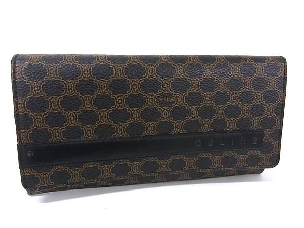 財布 マカダム柄 長財布 - ブラック×ブラウン PVC レザー レディース がま口 ゴールド金具【本物保証】