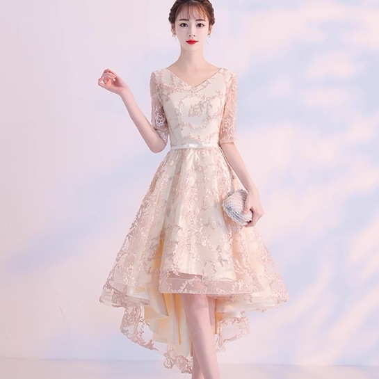 ドレス イブニングドレス パーティー 結婚式 二次会 披露宴 ステージ キャバ ショート 5分袖 袖あり Vネック 襟なし プリンセスライン Aライン レース リボン ウエストリボン ハイウエスト