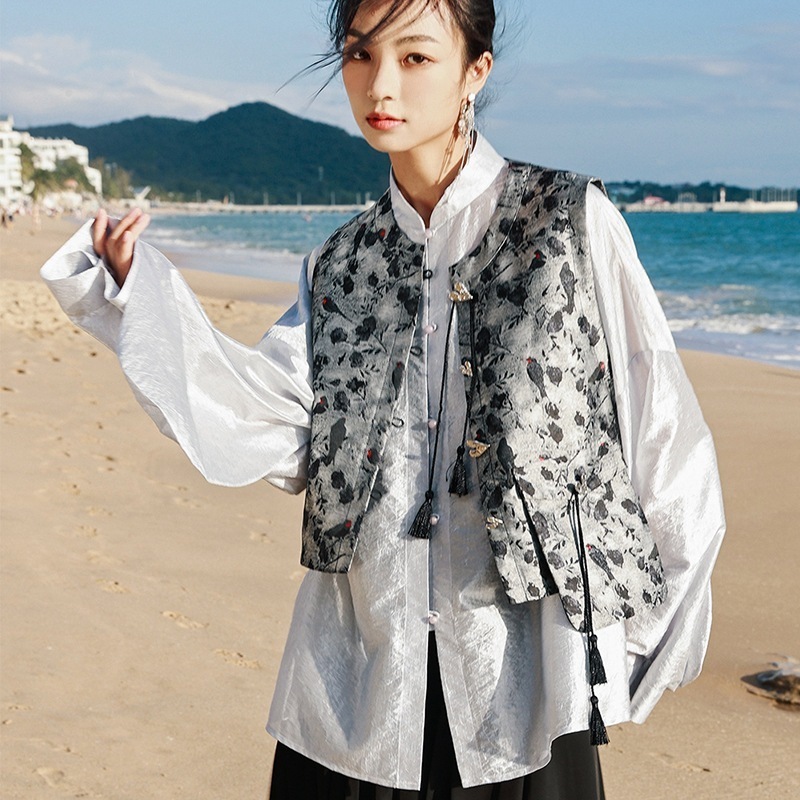 チャイナ風ベスト レディース シャツコーデ 鵲 花柄 合わせやすい チョッキ