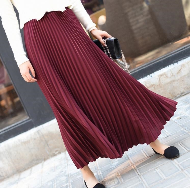 3087.シンプルカジュアル シフォンフィッシュテールロングスカート（ワインレッド）