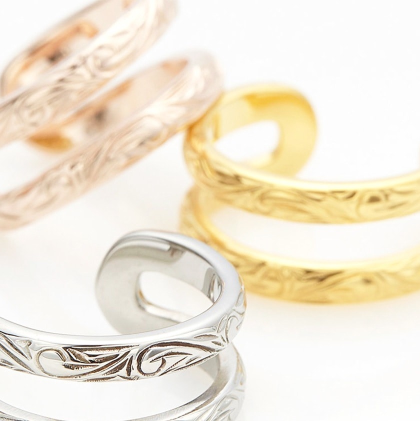 リング レディース メンズ サージカルステンレス製 ハワイアンジュエリー 2連風 スクロール 波