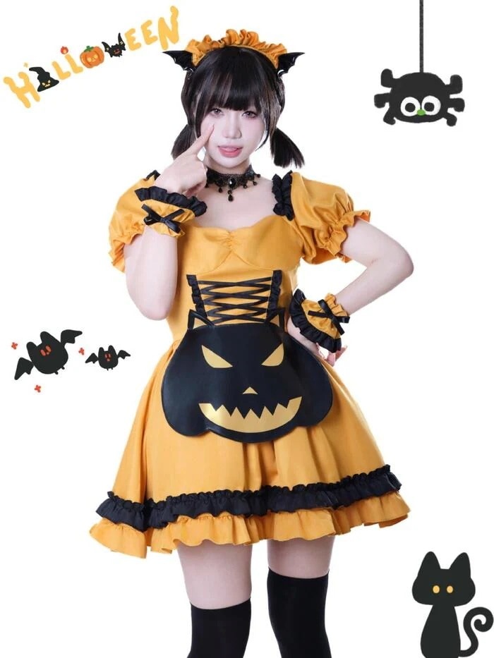 【急速出荷】ハロウィン メイド服 小悪魔 かぼちゃ メイド ワンピース エプロン ヘッドドレス 豪華セット 半袖 ミニ丈 可愛い 萌え セクシー ロリータ フリル コスプレ メイドカフェ メイドコス
