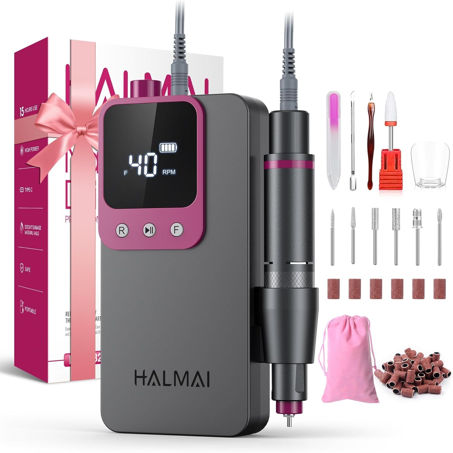 HALMAI HMC320 プロフェッショナル電動ネイルドリル 携帯式ネイルファイル アクリルジェルネイル用 コードレス充電式 超強力ネイルドリルキット 40000RPM サロン級EFileマシン (