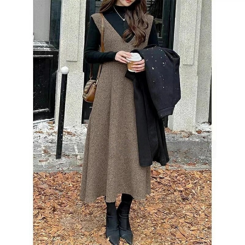 ファッション ジャンパースカート ワンピース レディース ロング ジャンスカ オールインワン Vネック ノースリーブ フレア 秋冬 ゆったり 大きいサイズ オフィス カジュアル