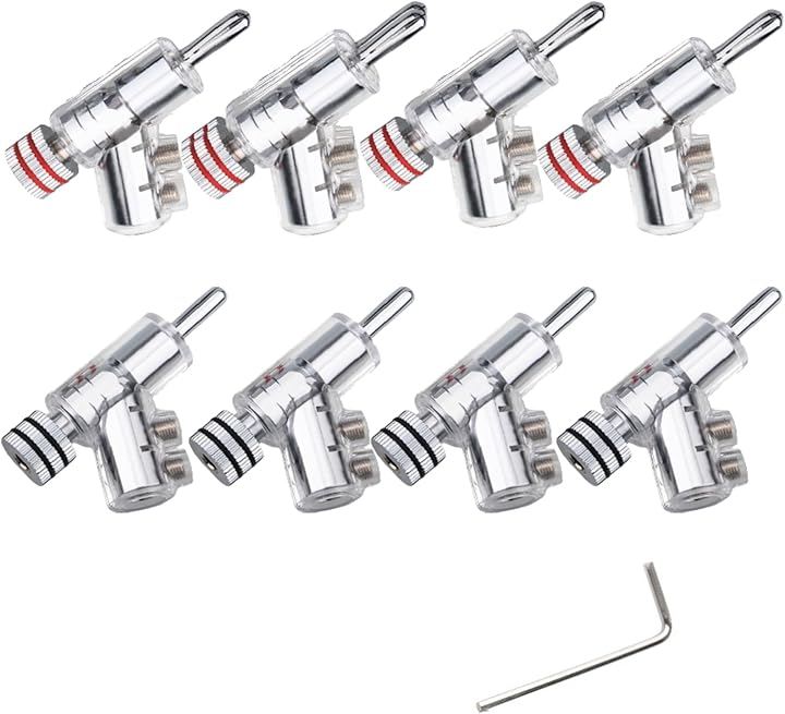 バナナプラグ コネクタ 端子 L字 オーディオ ジャック スピーカー ねじ込み式 固定 プラグ抜け防止 4mm (ロジウムメッキ, 赤4 黒4 計8個)