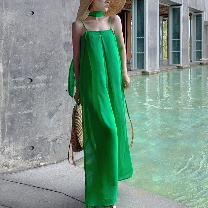 ワイドパンツ レディース マキシ丈 スカーフ ノースリーブ サマードレス キレイめ 大人女子