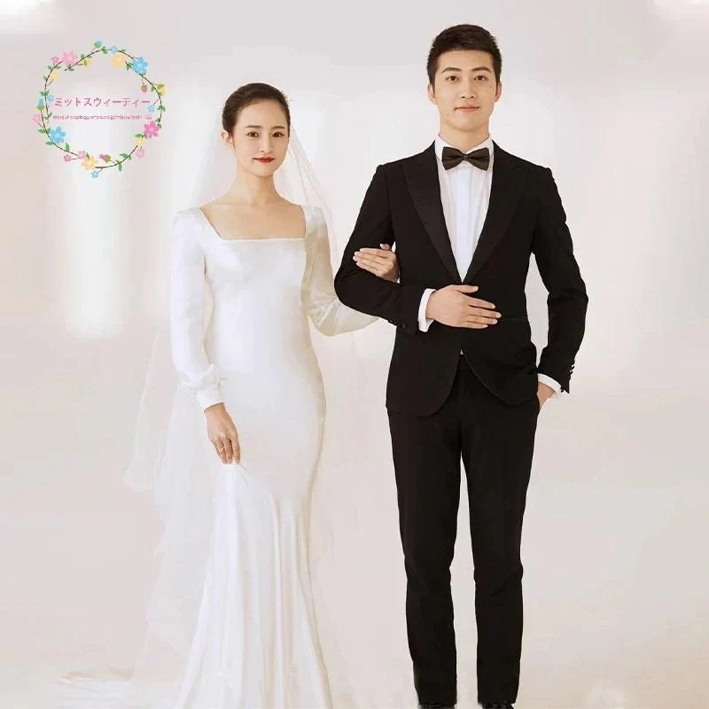 マーメイドライン花嫁ウェディングドレス長袖二次会安い白結婚式フォーマルドレスお呼ば