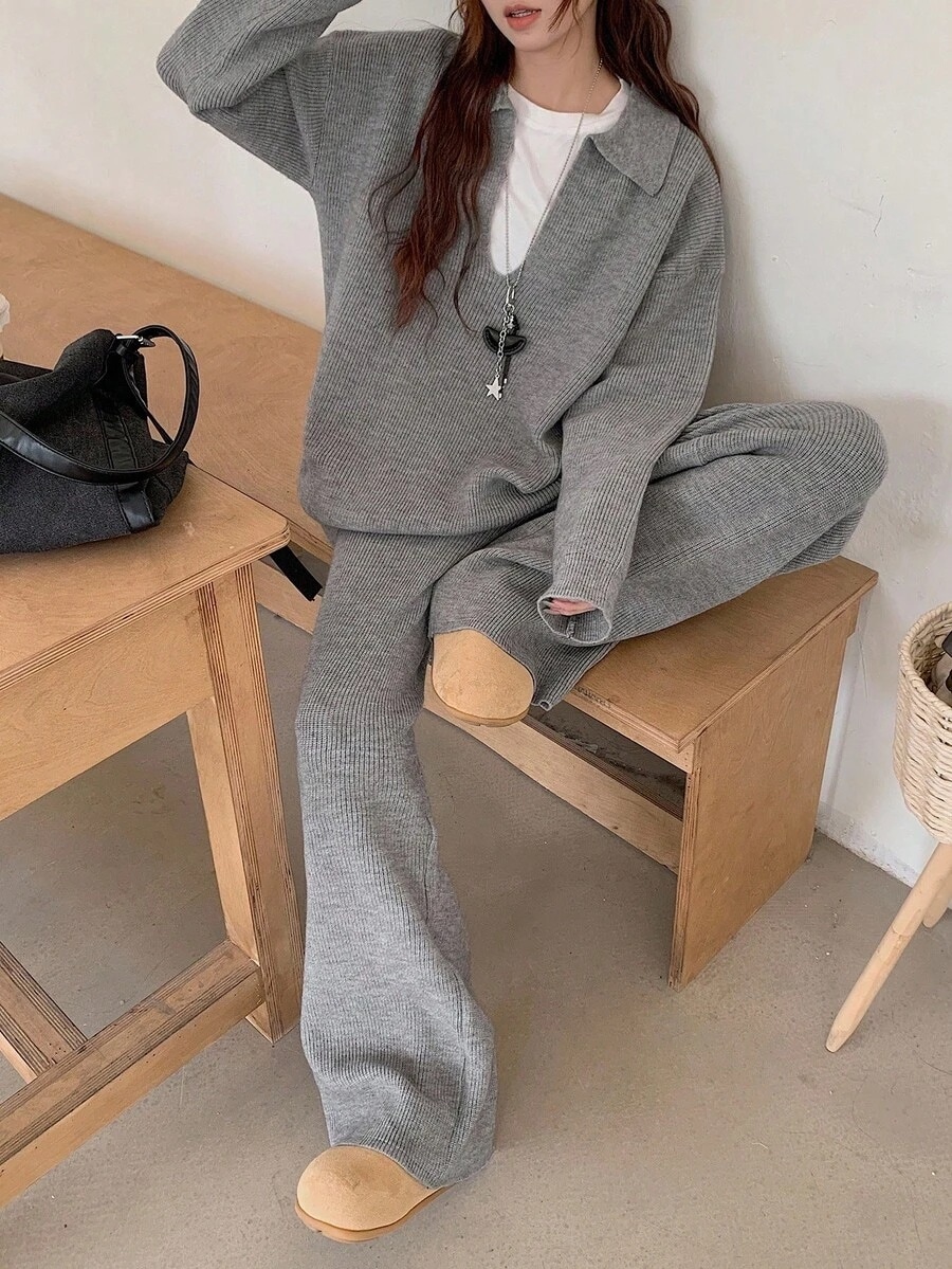 女性用 無地ドロップショルダー 長袖セーターとニットパンツ カジュアル 2点セット秋