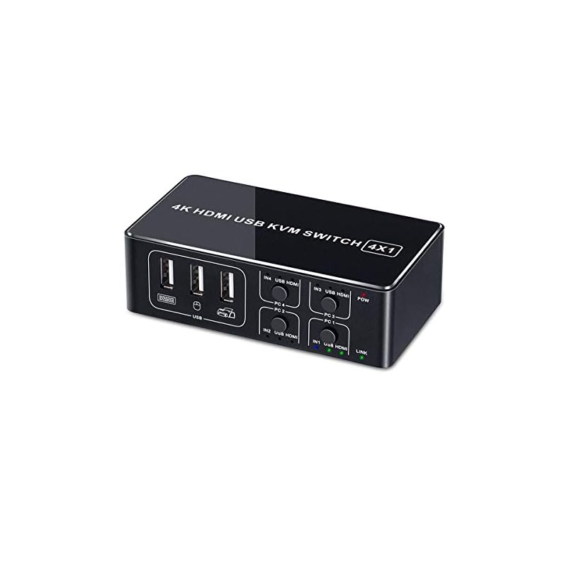 ELEVIEW 4K KVMスイッチ パソコン切替器(PC4台用)HDMIディスプレイ USBキーボードマウスを共有 4K@60Hz USB2.0ハブ バスパワー 電源不要 手元スイッチ ケーブ