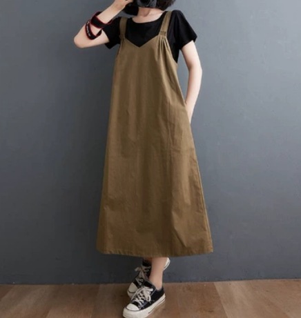 無地ジャンバースカート ワンピース スカート ロング丈 綿 ナチュラル レトロ 爽やか かわいい 可愛い きれいめ シンプル カジュアル おしゃれ かっこいい 可愛い ラフ