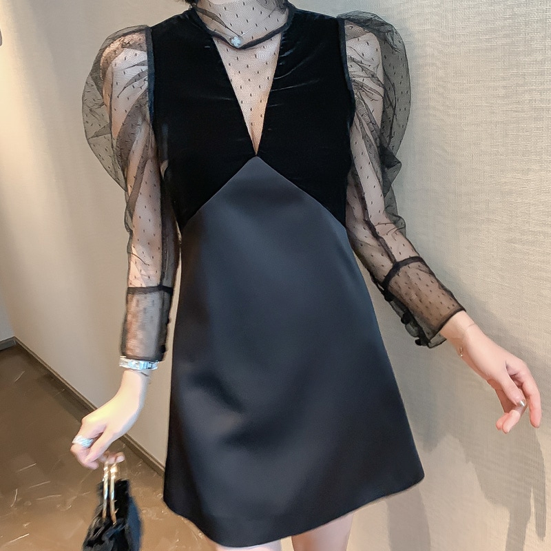 レディース ドレス Vネック シアー ショート ミニ丈 レース シアー 透け感 シック セクシー ふんわり袖 大人かわいい 大人 スッキリ スタイルアップ ドット 水玉 ブラック 黒