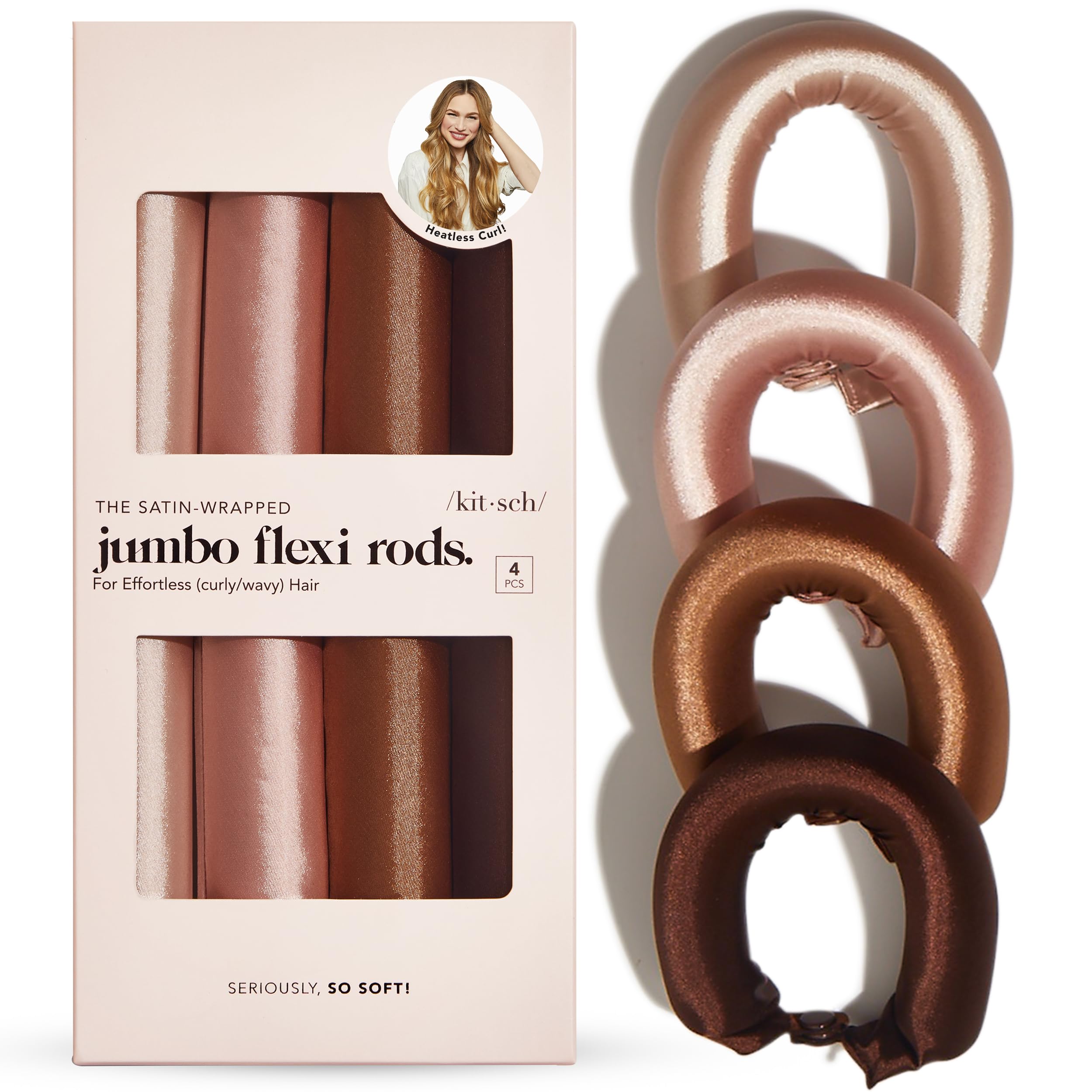 Kitsch サテンヘアカーラーヒートレスカーリングロッド - ジャンボフレキシロッドヒートレスヘアカーラー - 寝るヘアカーラー - 一晩中熱しないカール - すべての髪のタイプと質感に - 4