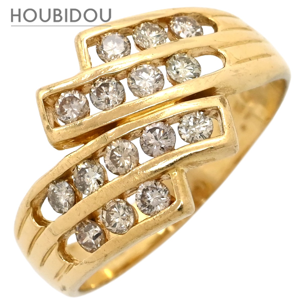リング 指輪 ダイヤ 0.50ct イエローゴールド Au750 18K 18金 メレダイヤ 15P 15石 15粒 クロスライン ジグザグデザイン ウェーブ バイパス 11号【中古】