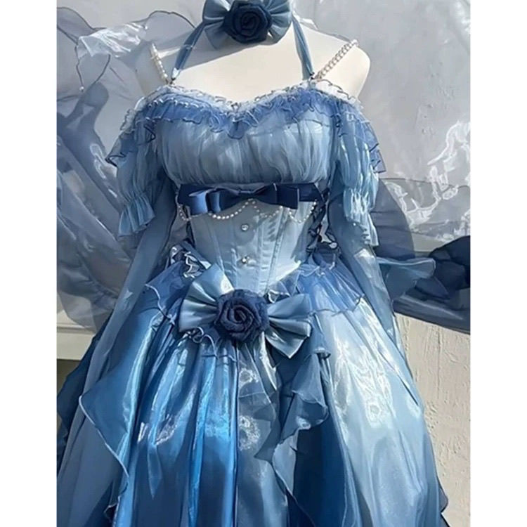 【2枚購入で 3oo円OFF！】ブルードレスロリータドレスゴージャスフラワーウェディングドレスロリータ重工業パフテールプリンセススカート