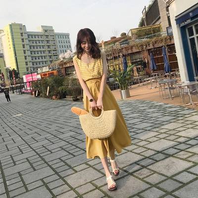 レディース セットアップ ブラウス フレア ロング スカート 膝下 半袖 ノースリーブ 袖なし ツーピース スクエアネック ラウンドネック ストレート 無地 ギンガムチェック 黄色 リボン シャツ