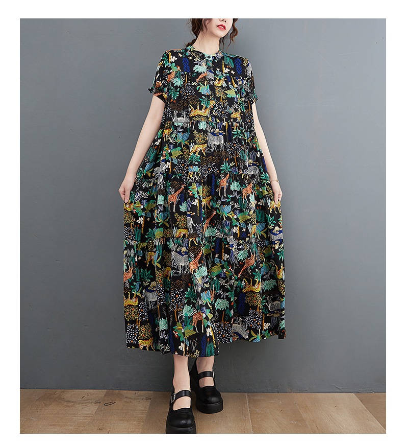TK0059 ワンピース 半袖 アニマル ボタニカル柄 ラップドレス トロピカル柄 マキシ Aライン シフォン ロングフレア
