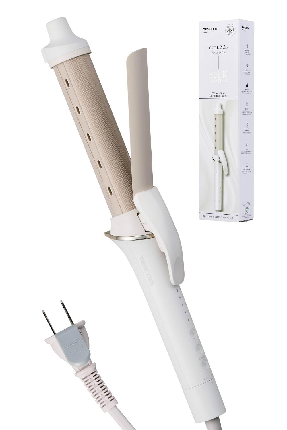 テスコム ヘアアイロン 32mm マイナスイオン シルクコーティング 140-200℃ 温度調整/ロック/メモリー 海外対応 自動OFF ラク抜きプラグ コード長1.7m ホワイト TM763A-W