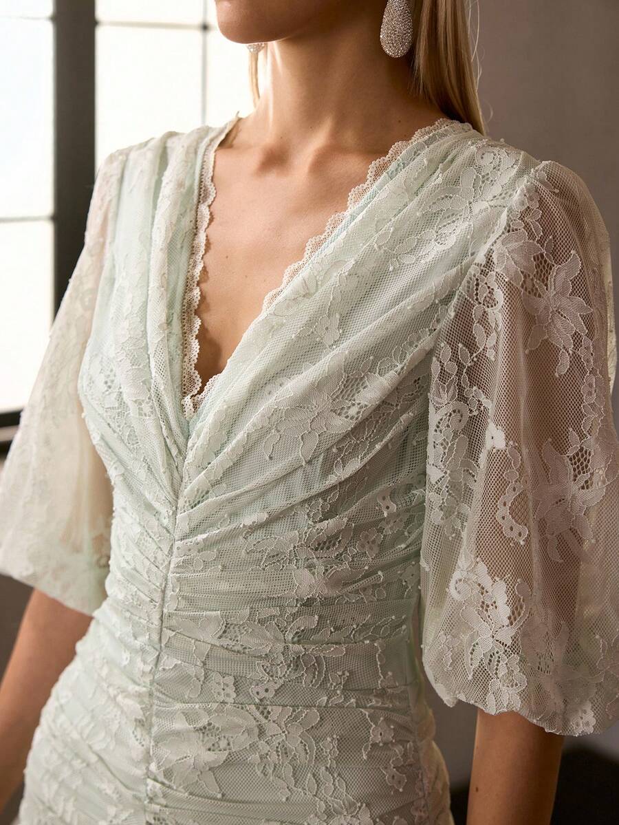 レース オーバーレイ パフスリーブ レイヤード フリルヘム ケーキカクテルドレスロマンチックなパーティー春夏