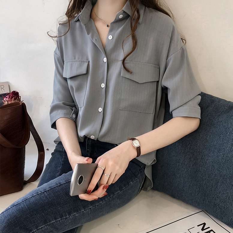 シャツ トップス シアーストライプシャツ レディース ストライプ7分袖シャツ ゆるシャツ ストライプ 7分袖 襟付き シフォンシャツ ドロップショルダー 灰色 茶色 白 グレー ブラウン ホワイト