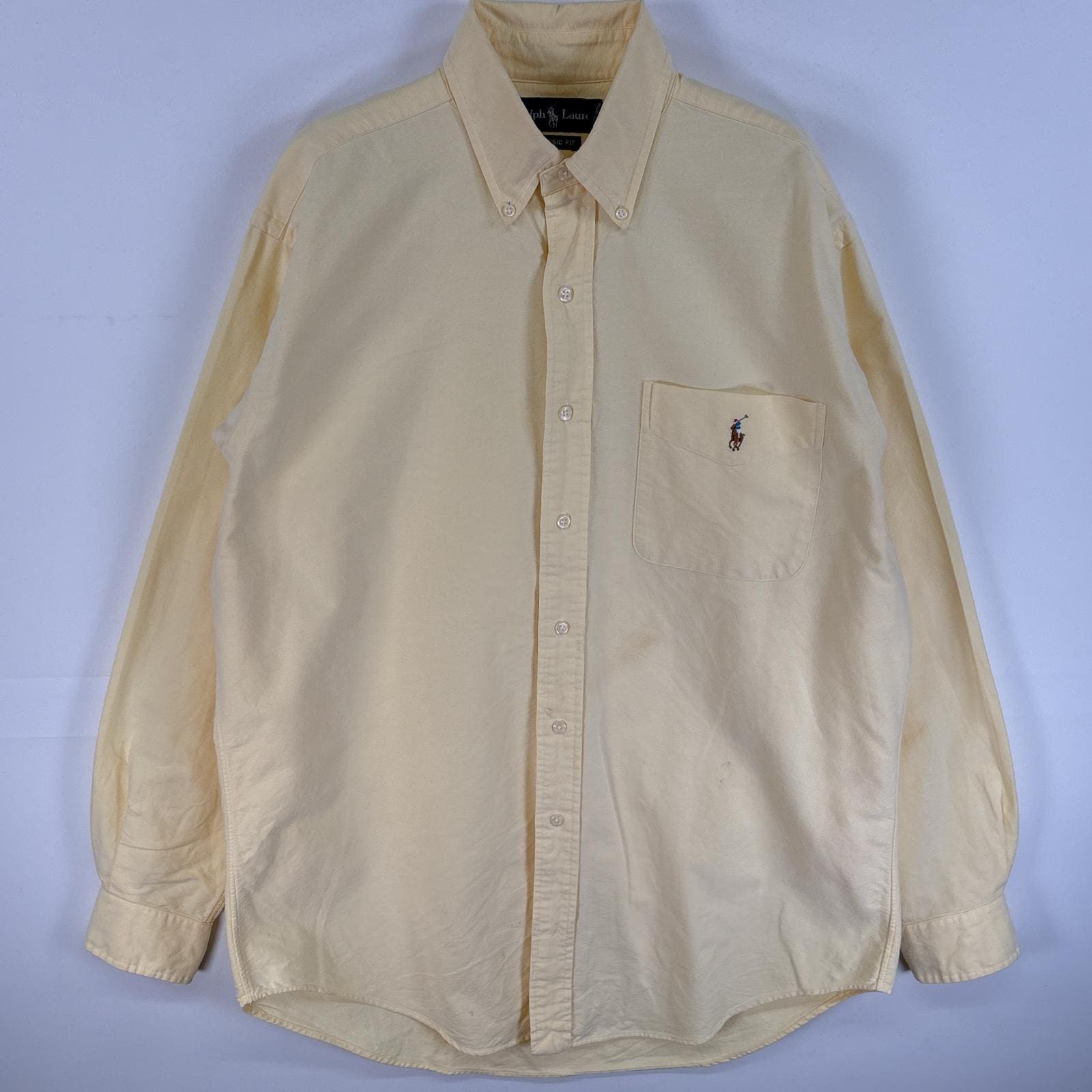 古着 90s/90年代 長袖シャツ ワンポイント ロゴ 刺繍 ボタンダウンシャツ CLASSIC FIT M イエロー 無地 メンズ長袖シャツ
