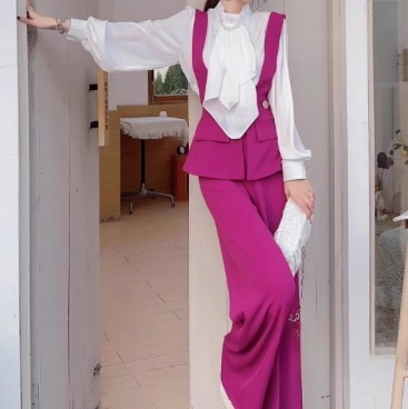 レディース トップス パンツ シャツ ブラウス サロペット セットアップ フルレングス 長袖 ボリューム袖 バルーン袖 りぼんタイ ネクタイ付き スリム ストレート フェミニン フリル ハイウエスト