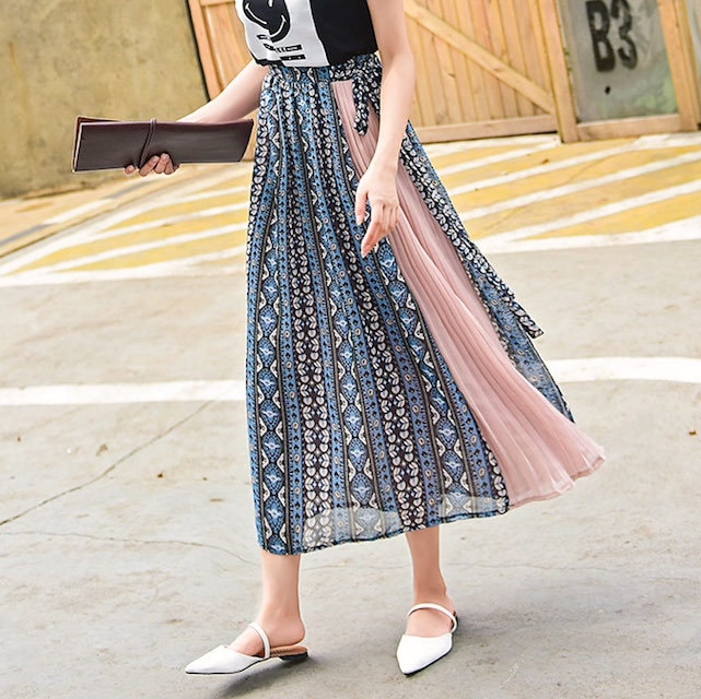 ボヘミアン ロング スカート プリーツ レディース 可愛い お出かけ デート 女子会 着回し プチプラ 大人きれい 大人可愛い 大人カジュアル トレンド ママコーデ 韓国ファッション カジュアル