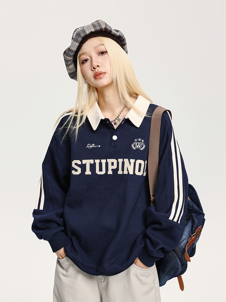 2025秋冬 トップスバイカラー長袖TシャツかわいいK-POP黑白レディース韓国風ロゴ衣装ルーズゆったりカジュアルおしゃれサイズ袖グラフィックシルエットファッション系サイドシャツフット春スポーツT