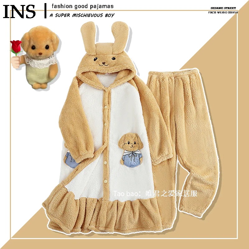 女性用コーラルベルベットセンベルパジャマ秋と冬のナイトガウン厚みのあるベルベットかわいいミドル丈のホームウェアインターネットセレブスタイル