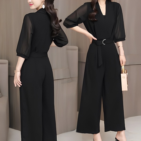 ワイドレッグ/ハイウエスト/シフォンジャンプスーツ レディース トップス パンツ オールインワン オーバーオール サロペット ワイドパンツ ジャンプスーツ 7分袖 Vネック 襟なし ノーカラー スリム