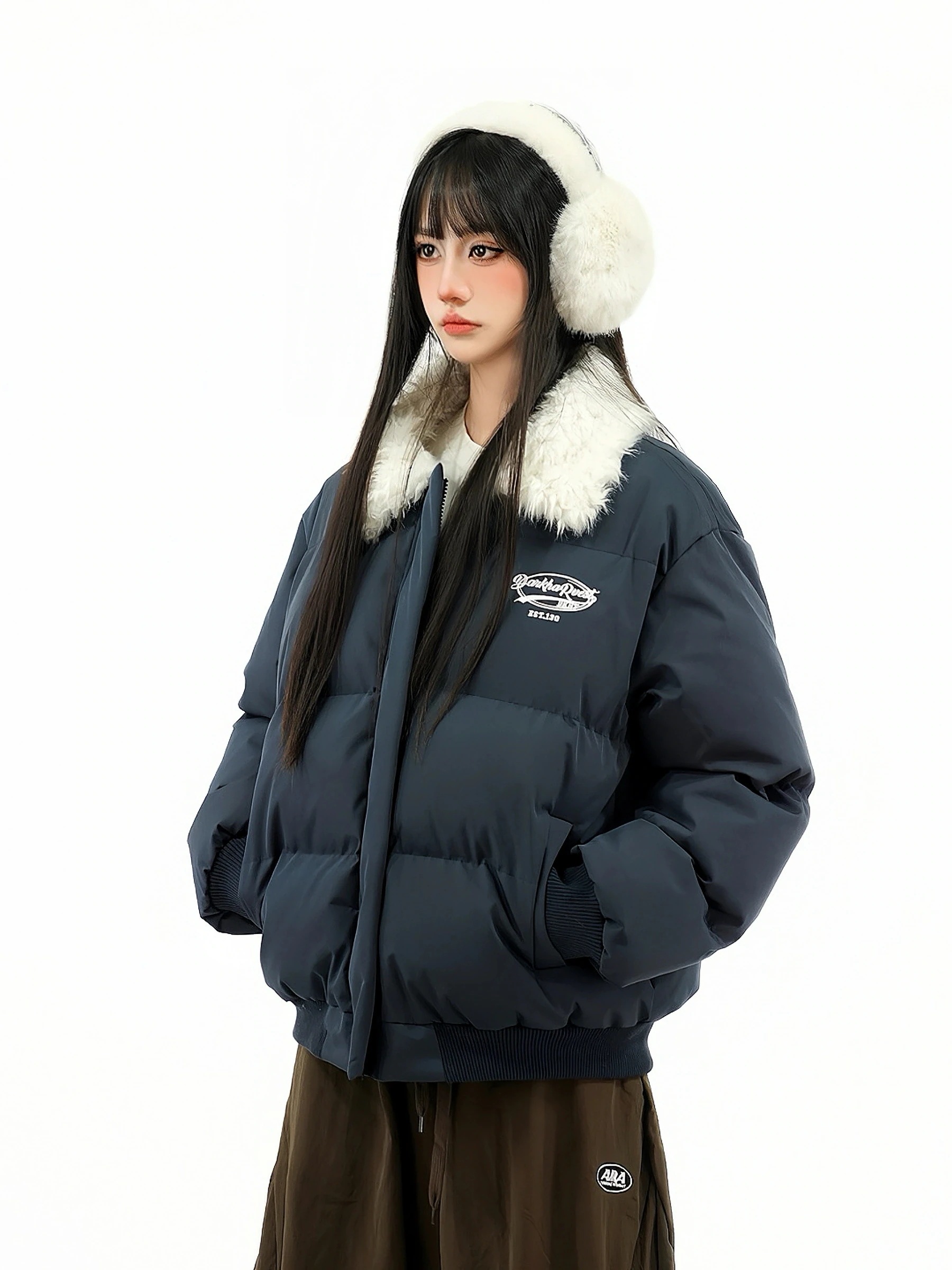 暖かい羽織るかわいいジップアップフェイクムートン長袖トレンド裏切り替えサイズシルエット韓国ファッションレディース レトロ 厚手 2025 防寒あったかアウター 襟付きジャケット 秋冬ふっくら中綿