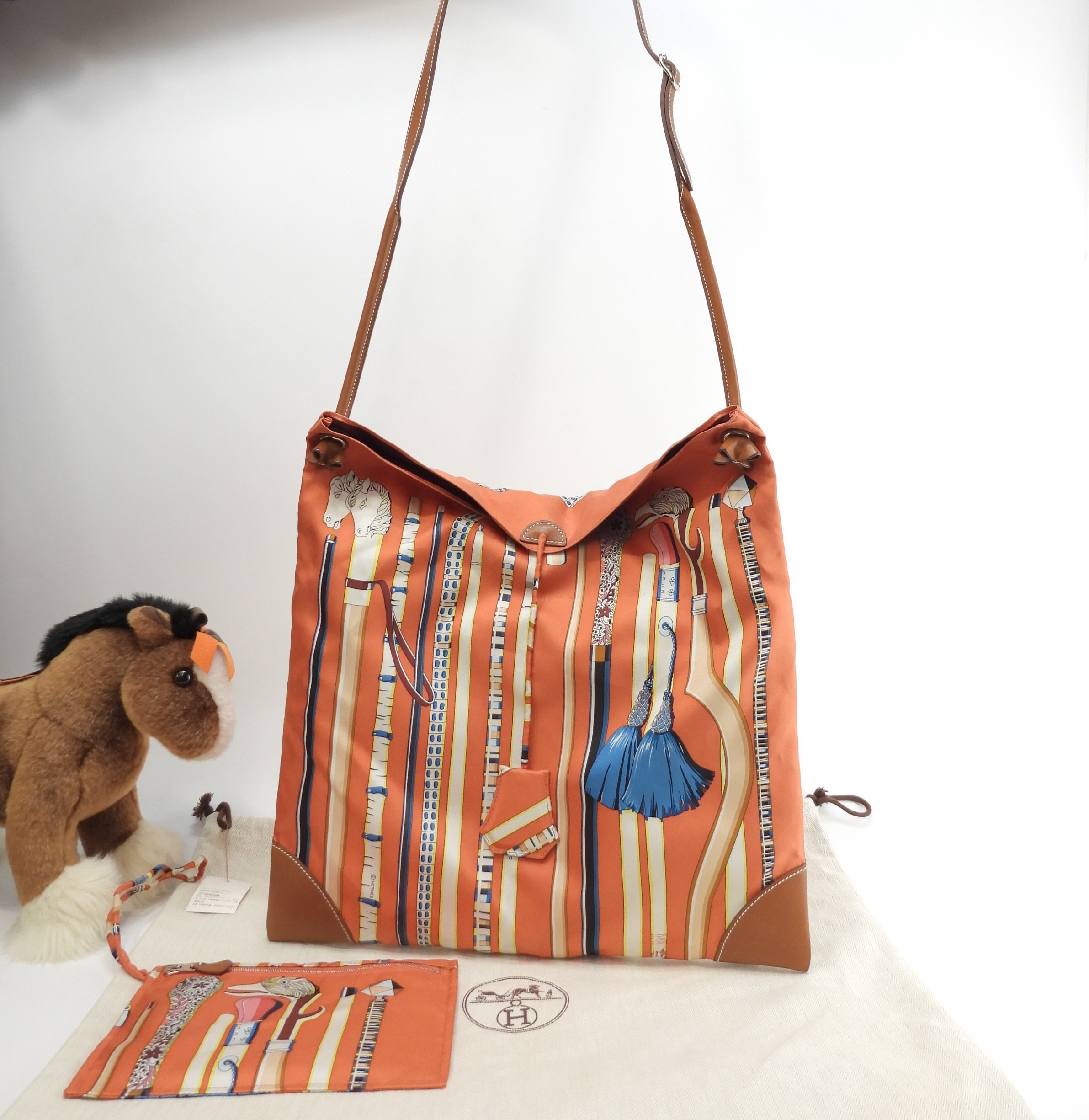 シルキーシティGM シルク/オレンジ系 レザー茶 ショルダーバッグ 極美品@X