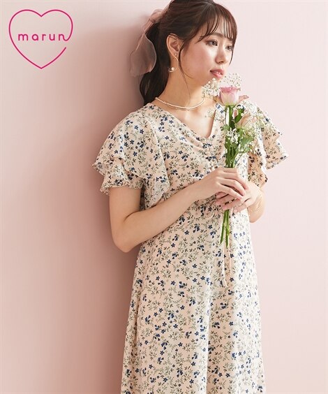 大きいサイズ センタードロストフラワープリントワンピース marun ピンク ネイビー ワンピース ドレス