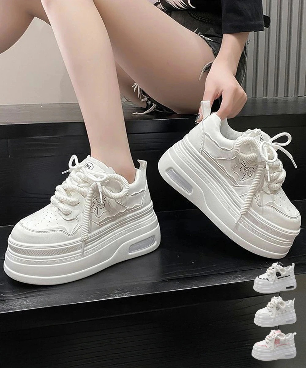 ボリューム厚底スニーカー レディース美脚 ホワイトスニーカー プラットフォーム靴 低身長さんシューズ