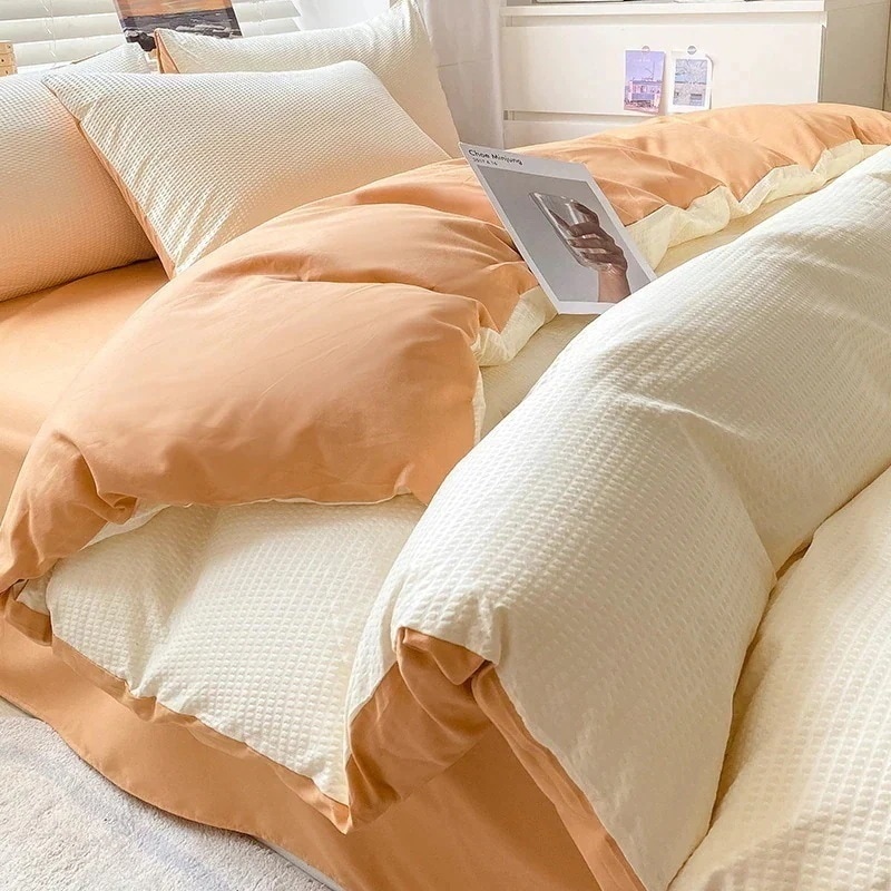 ワッフルチェック シーツ 布団カバー 枕カバー 4点セット 快適性 通気性良い 抗 菌 無地 寝具 4,896円