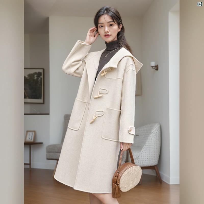 レディース ファッション オシャレ カジュアル かわいい 綺麗 小海 初秋 雰囲気 プチ ミドル丈 ホーンボタン フード付き 両面 ウール コート