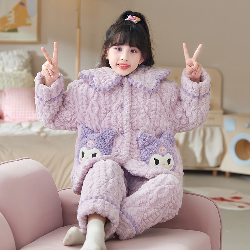 子供用綿パジャマ女の子3段厚め冬用大童アニメかわいい女の子カーディガン部屋着セット