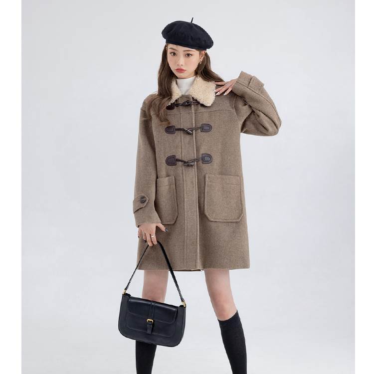 アウター レディース ダッフルコート ボア襟 Iライン モコモコ ポケット 前開き かわいい カジュアル 大人可愛い おしゃれ かっこいい レトロ 大人女子 XS S M L オートミール ベージュ