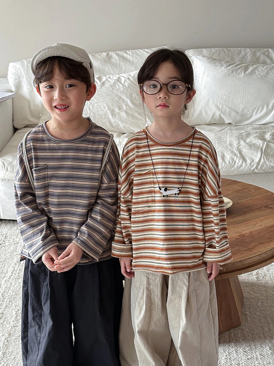 童品2025子供春の新作ストライプ長袖シャツ男女ベビー丸首トップス