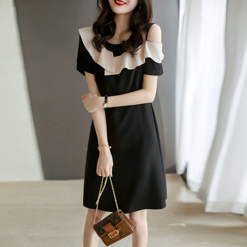 レディース 配色 ワンピース バイカラー フリル オフショルダー大人可愛い ママコーデ ママファッション 韓国 オルチャンファッション 人気 トレンド 新作 20代 30代 40代 きれいめ レトロ