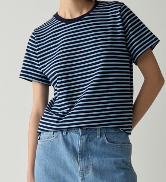 ファサードパターン Cotton Pin Stripe T-Shirt Navy Blue