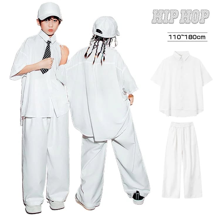 無地 キッズ ダンス衣装 セットアップ スーツ 子供服 ホワイト 白 5分袖 シャツ ダンスウェア 子供 服 ジュニア ロングパンツ おしゃれ 舞台服 K-POP ステージ衣装 hiphop 演出服