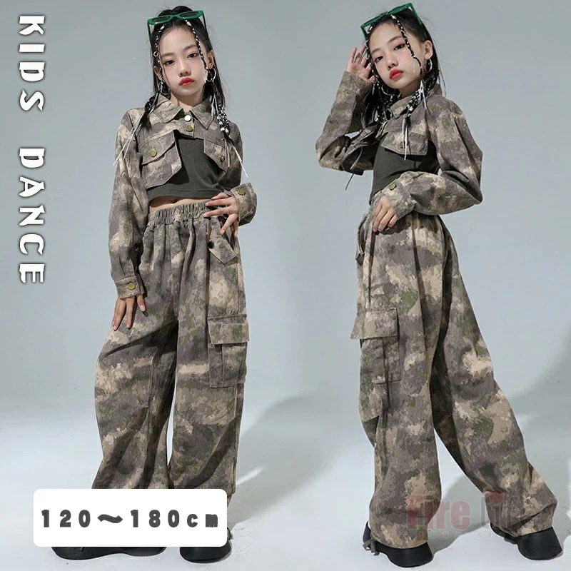 ダンスウェアセール キッズダンス衣装 迷彩柄 セットアップ アースカラー へそ出し 長袖 シャツ カーゴパンツ タンクトップ カモフラージュ ゆったり ダボっガールズ ヒップホップ 団体服 hipho