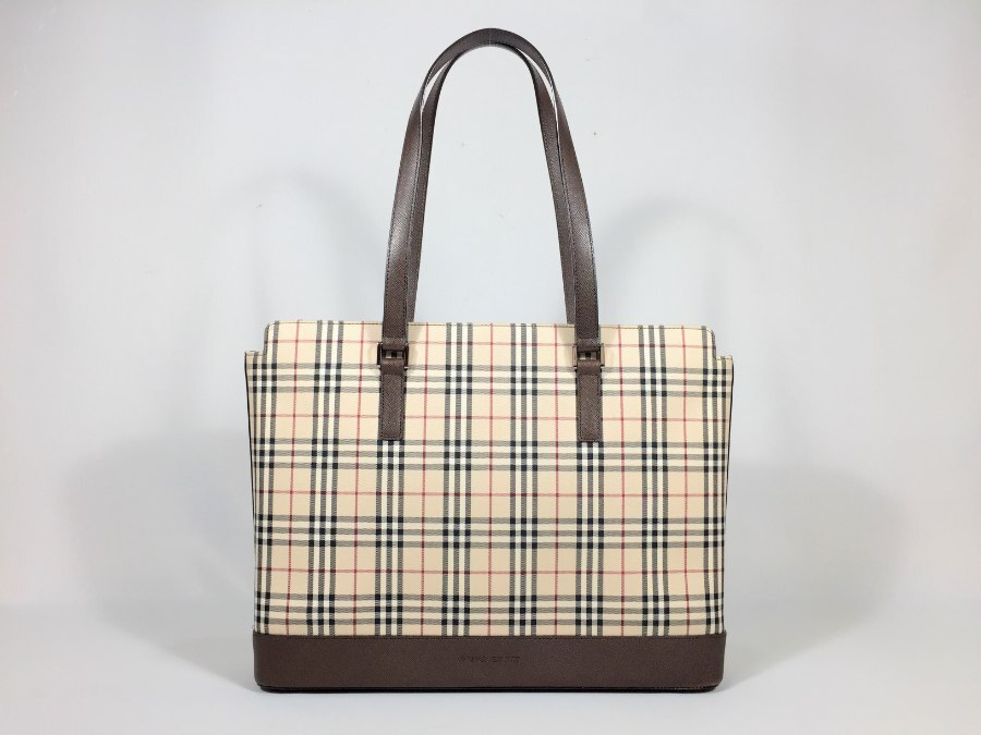 トートバッグ ノバチェックブラウン キャンバスレザー 中古品 【中古品】