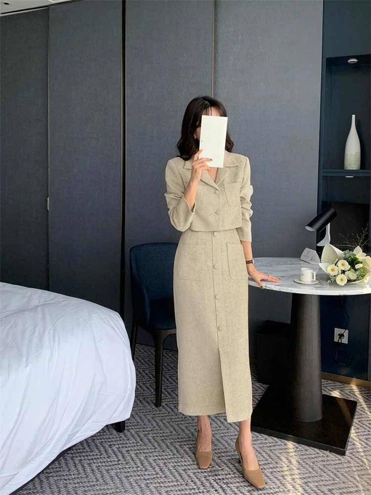 通勤する ツイード スーツ コート エレガント ハイウエスト シック ボタン ロングスカート スカート セットアップ スリム レディース