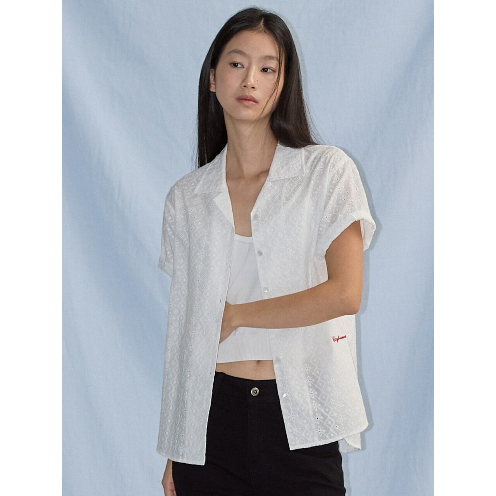 CITYBREEZE フローラルパンチングショートスリーブシャツホワイト