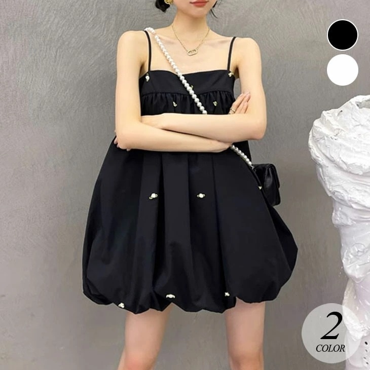 【2025新作 急速出荷】キャミワンピース レディース 夏 ワンピース ボリューム ハイウエスト ブラック 黒 ホワイト 白 薔薇 バラ ローズ 花柄 ワンピ ドールスカート ドレス 韓国ファッション